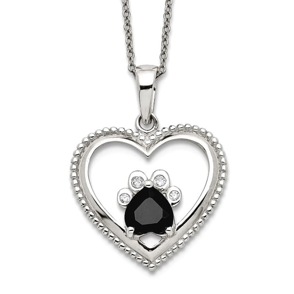925 Sterling Silver Black and White Cubic Zirconia Love Heart With Dog Cat Pet Paw Print Necklace 18 Inch 19.65mm Wide P