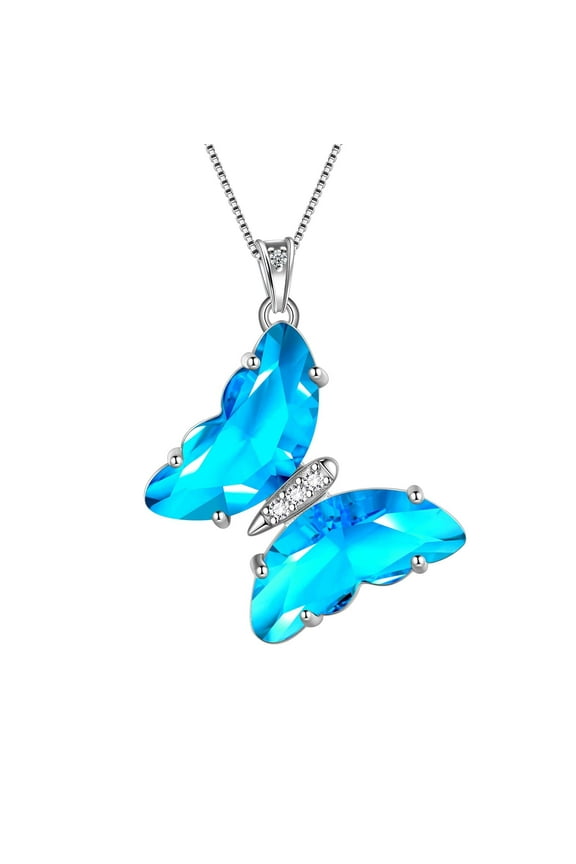 925 Sterling Silver Blue Butterfly Necklace Aquamarine March Birthstone Jewelry Crystal Pendant Women Mother Christmas Valentine Birthday Gift Juwaliy