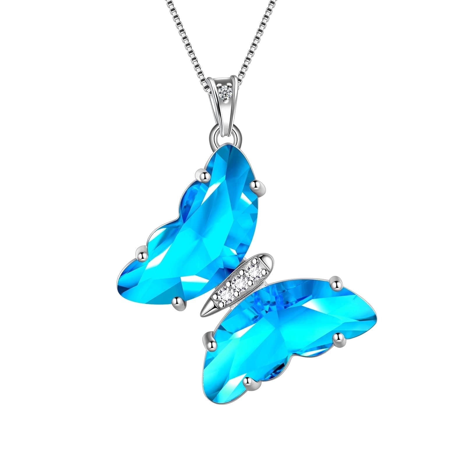 925 Sterling Silver Blue Butterfly Necklace Aquamarine March Birthstone Jewelry Crystal Pendant Women Mother Christmas Valentine Birthday Gift Juwaliy