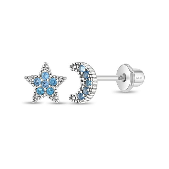 925 Sterling Silver Blue CZ Moon & Star Screw Back Earrings For Girls and Teens