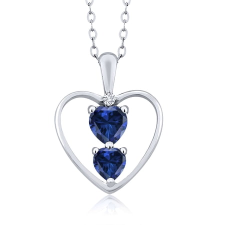 925 Sterling Silver Blue Created Sapphire and White Lab Grown Diamond Pendant Necklace for Women (1.01 Cttw, Gemstone September Birthstone, Heart 5MM and 4MM, with 18 inch Silver Chain)