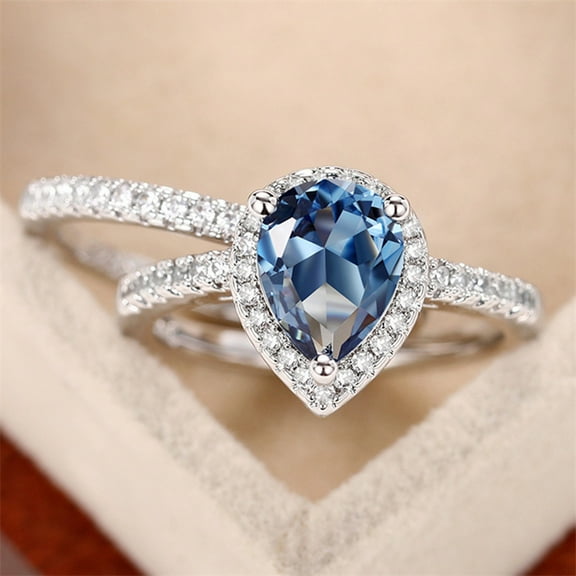 925 Sterling Silver Blue Cubic Zirconia Stacking Ring Pear Diamond Ring Engagement Ring Wedding Band Rings for Women
