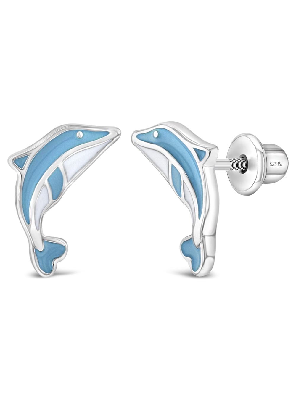 925 Sterling Silver Blue Enamel Leaping Dolphins Screw Back Earrings for Girls
