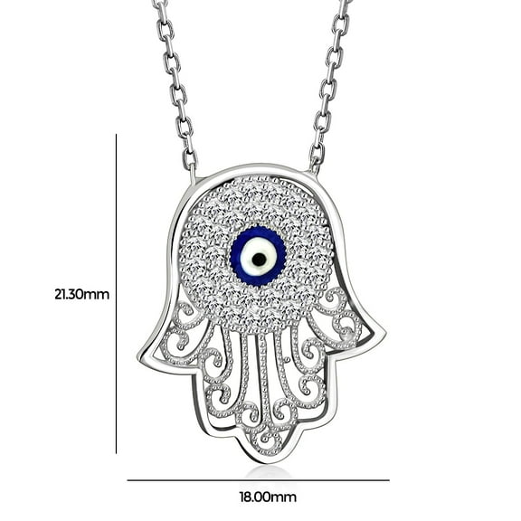 925 Sterling Silver Blue Evil Eye Protection Hamsa Pendant Necklace Cubic Zirconia (Silver)