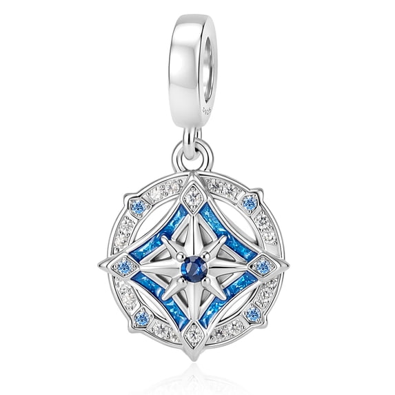 925 Sterling Silver Blue Glitter Enamel Compass Dangle Charm Bead for Bracelet Charms Bangle Pendant Jewelry