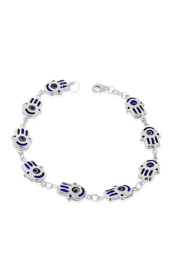 925 Sterling Silver Blue Hamsa Hand Good Luck Link Chain Bracelet