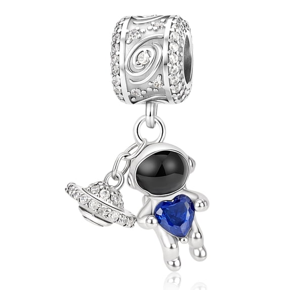 925 Sterling Silver Blue Heart CZ Astronaut Dangle Charm for Bracelet Charms Bangle Pendant Jewelry