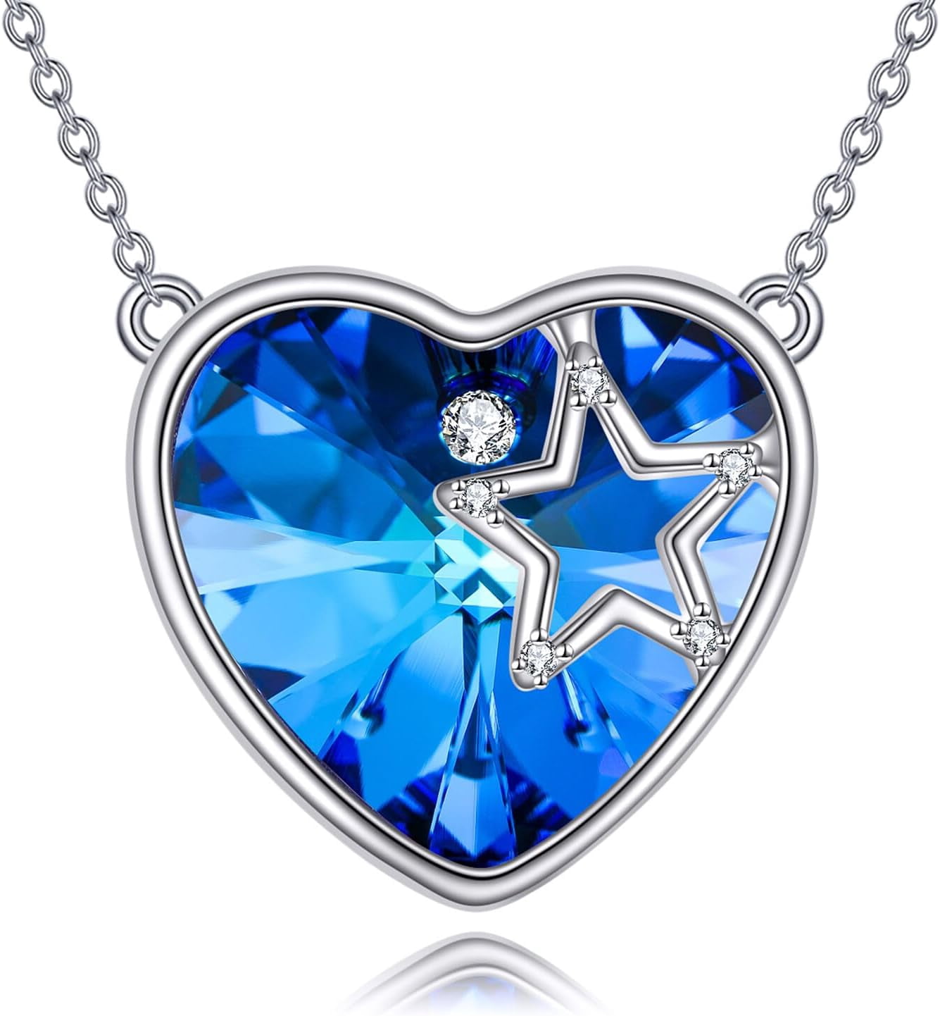 925 Sterling Silver Blue Heart Crystal Diamond Pendant Necklace Jewelry