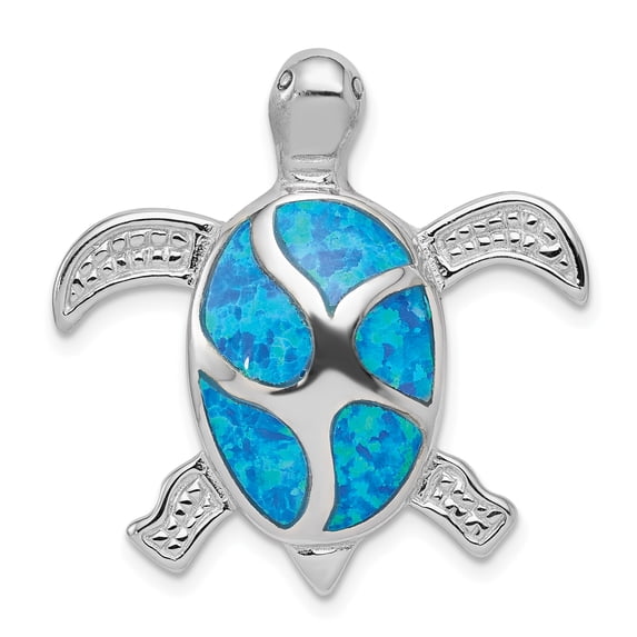 925 Sterling Silver Blue Inlay Created Opal Turtle Shaped Pendant