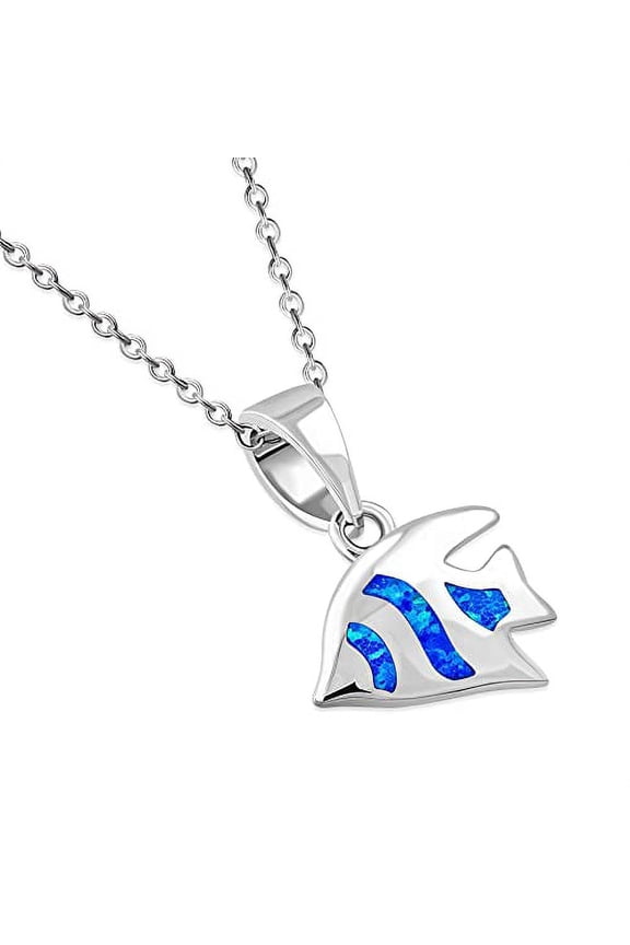 925 Sterling Silver Blue Opal Tropical Fish Pendant Necklace
