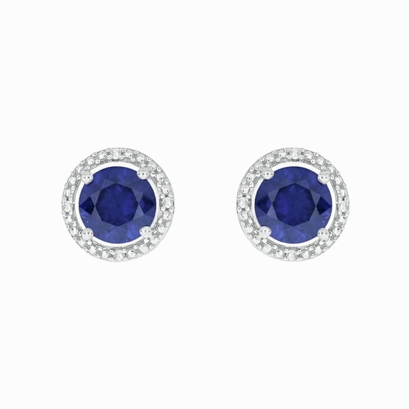 925 Sterling Silver Blue Sapphire and Diamond Round Stud Earrings for Women, 1/20 Ct