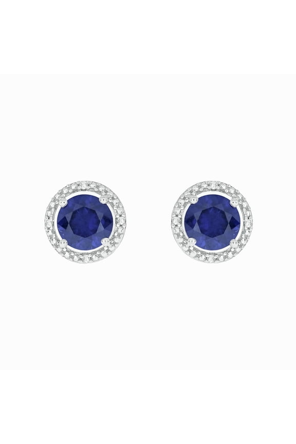 925 Sterling Silver Blue Sapphire and Diamond Round Stud Earrings for Women, 1/20 Ct