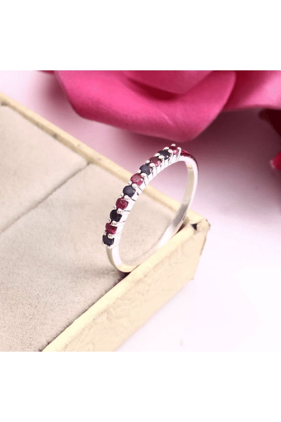 925 Sterling Silver Blue Sapphire and Red Ruby Half Eternity Ring for Women, Gemstone September Birthstone, Round 2.5MM, Available in All Size's.