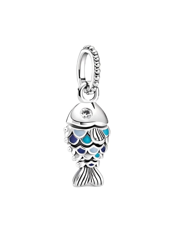 925 Sterling Silver Blue Scaled Fish Dangle Charm for Bracelet Charms Bangle Pendant Jewelry