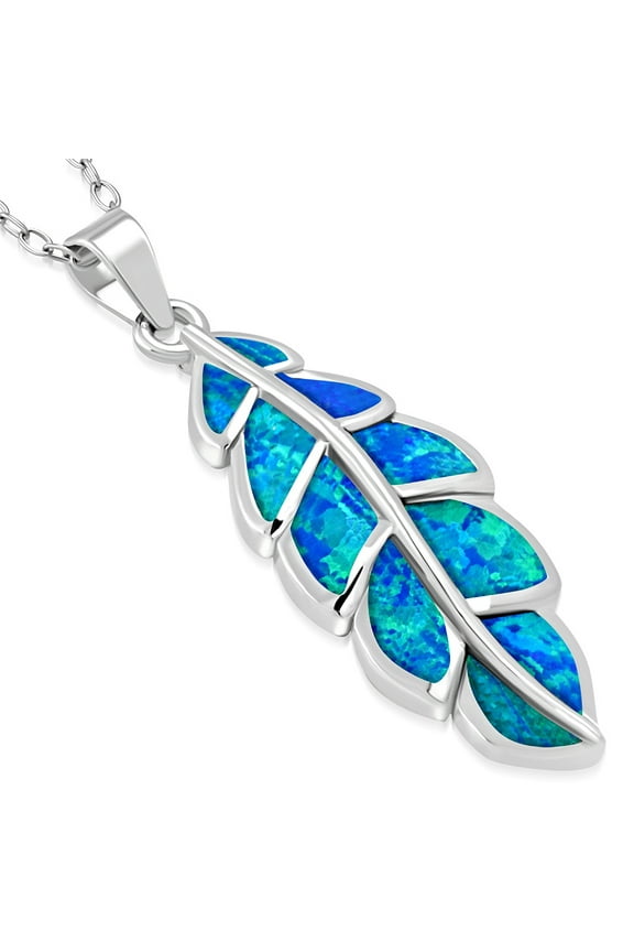 925 Sterling Silver Blue Simulated Opal Feather Leaf Pendant Necklace, 18"