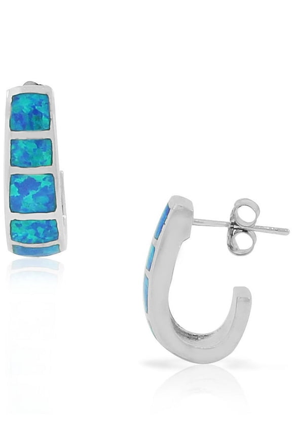 925 Sterling Silver Blue Simulated Opal Half-Hoop Earrings