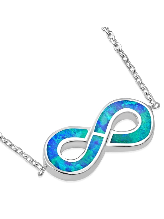 925 Sterling Silver Blue Simulated Opal Infinity Pendant Necklace