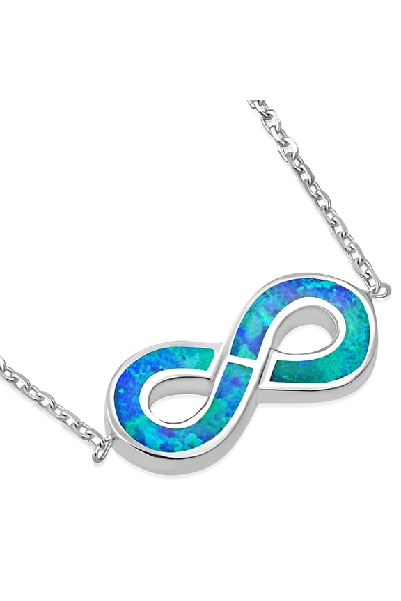 925 Sterling Silver Blue Simulated Opal Infinity Pendant Necklace