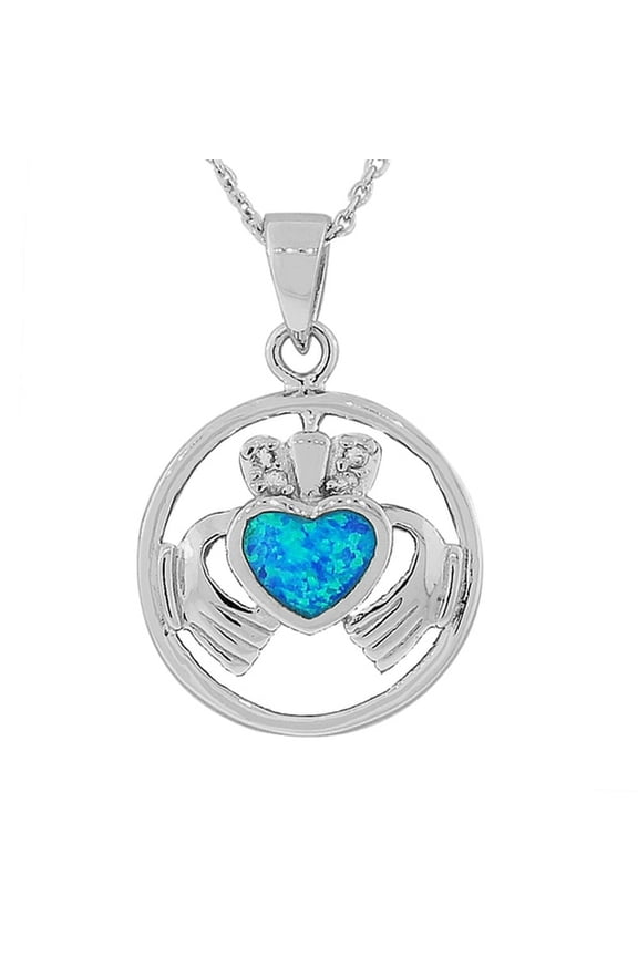 925 Sterling Silver Blue Simulated Opal Irish Claddagh CZ Pendant Necklace