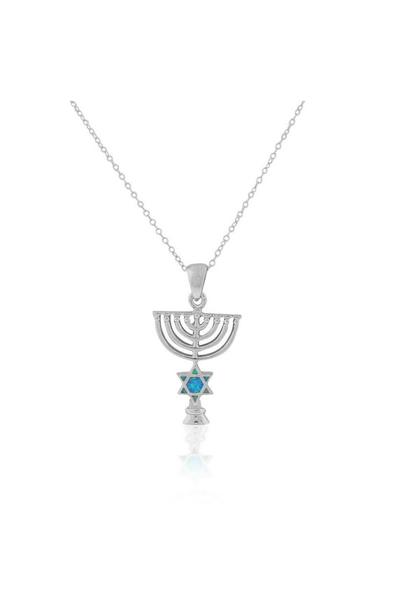 925 Sterling Silver Blue Simulated Opal Jewish Star of David Menorah Pendant Necklace, 18"