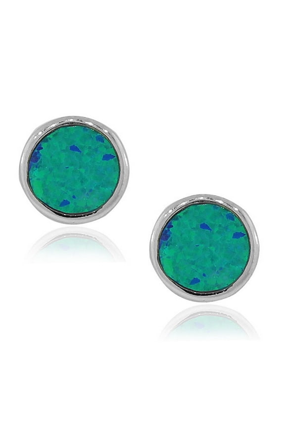 925 Sterling Silver Blue Simulated Opal Round Stud Earrings