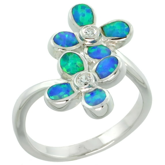 925 Sterling Silver Blue Synthetic Opal CZ Accent Hawaiian Flower Ring 17mm