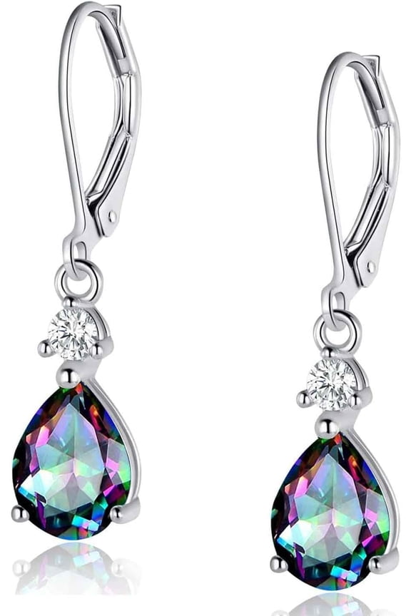925 Sterling Silver Blue Topaz/Amethyst/Rainbow Quartz CZ Teardrop Leverback Earrings Drop Dangly Gemstone Earings Hypoallergenic Birthday Jewelry Gifts for Women