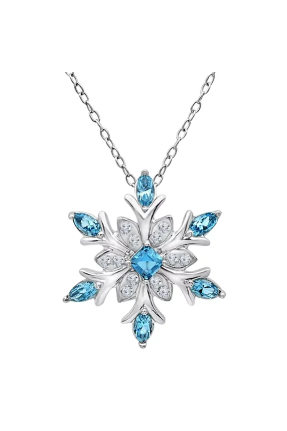 925 Sterling Silver Blue Topaz & White Snowflake Pendant Necklace, Winter-Inspired Gemstone Jewelry for Women