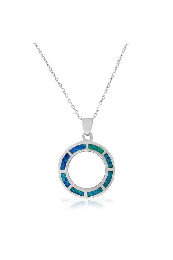 925 Sterling Silver Blue Turquoise-Tone Simulated Opal Circle of Life Pendant Necklace