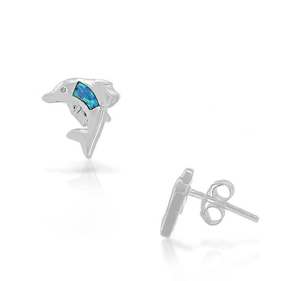 925 Sterling Silver Blue Turquoise-Tone Simulated Opal Dolphin Small Stud Earrings
