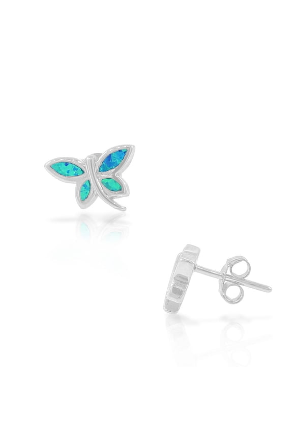 925 Sterling Silver Blue Turquoise-Tone Simulated Opal Dragonfly Stud Earrings