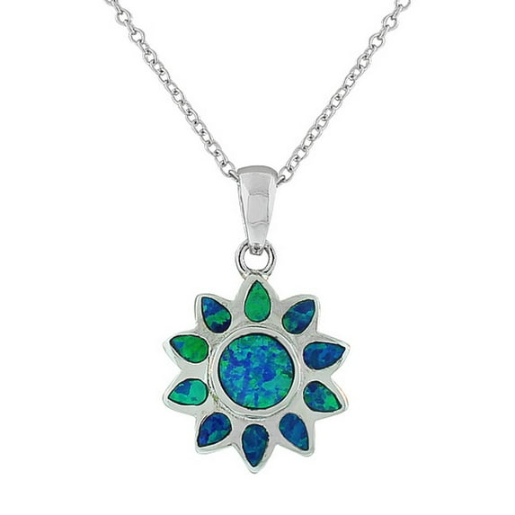 925 Sterling Silver Blue Turquoise-Tone Simulated Opal Flower Floral Womens Pendant Necklace