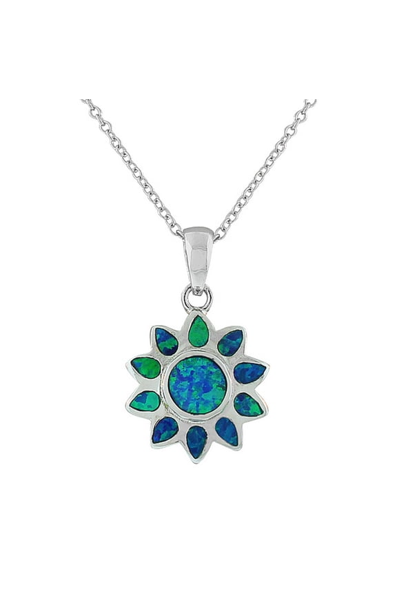 925 Sterling Silver Blue Turquoise-Tone Simulated Opal Flower Floral Womens Pendant Necklace