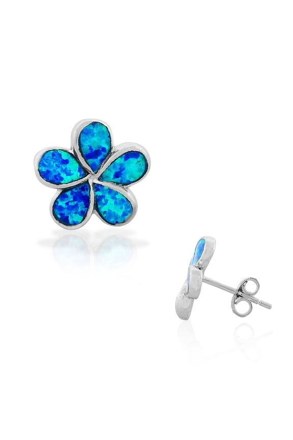 925 Sterling Silver Blue Turquoise-Tone Simulated Opal Flower Stud Earrings