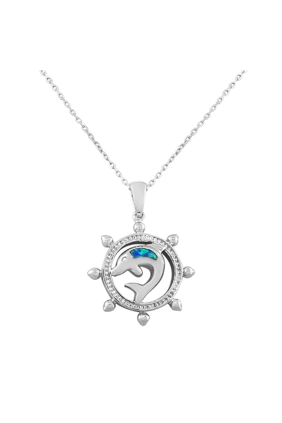925 Sterling Silver Blue Turquoise-Tone Simulated Opal Helm Wheel Dolphin Marine Pendant Necklace