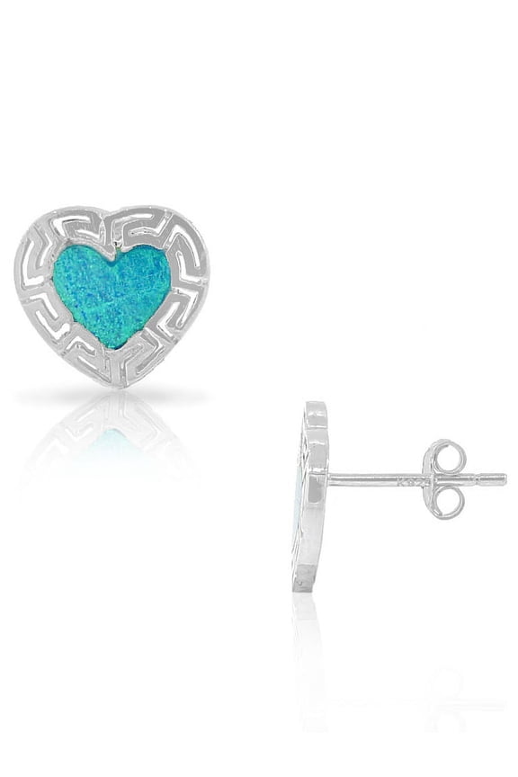 925 Sterling Silver Blue Turquoise-Tone Simulated Opal Love Heart Greek Key Stud Earrings