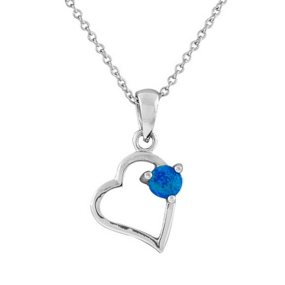 925 Sterling Silver  Blue Turquoise-Tone Simulated Opal Love Heart Pendant Necklace