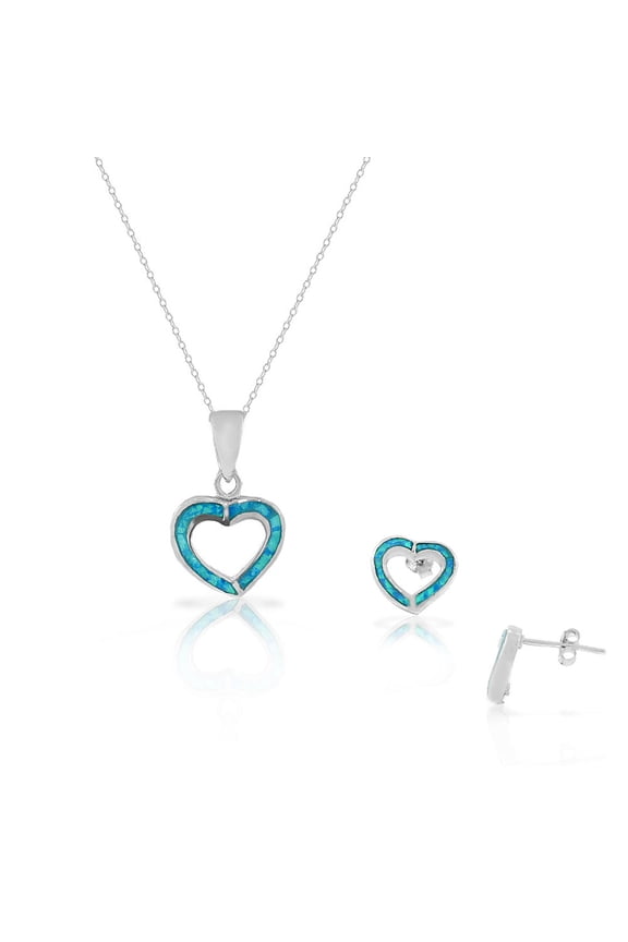 925 Sterling Silver Blue Turquoise-Tone Simulated Opal Love Heart Stud Earrings Pendant Necklace Set