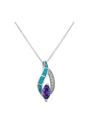 925 Sterling Silver Blue Turquoise-Tone Simulated Opal Purple-Tone CZ Pendant Necklace