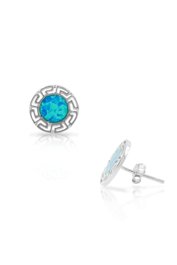 925 Sterling Silver Blue Turquoise-Tone Simulated Opal Round Greek Key Stud Earrings