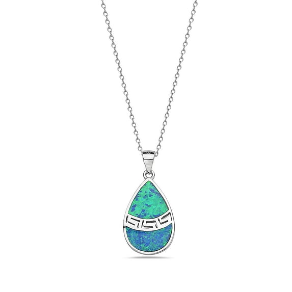 925 Sterling Silver Blue Turquoise-Tone Simulated Opal Teardrop Greek Key Pendant Necklace