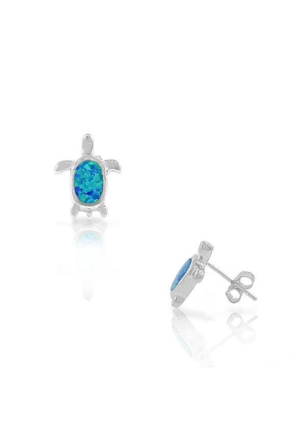925 Sterling Silver Blue Turquoise-Tone Simulated Opal Turtle Stud Earrings