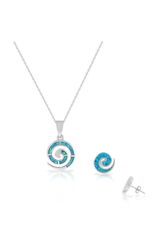 925 Sterling Silver Blue Turquoise-Tone Simulated Opal Stud Earrings Pendant Necklace Set