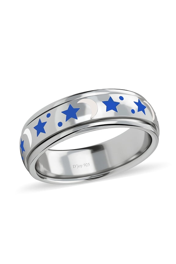 925 Sterling Silver Blue & White Enamel Moon Star Anxiety Spinner Ring for Women Platinum Plated Boho Wedding Anniversary Fidget Stress Relieving Band Ring for Men Size 6 Christmas Gifts