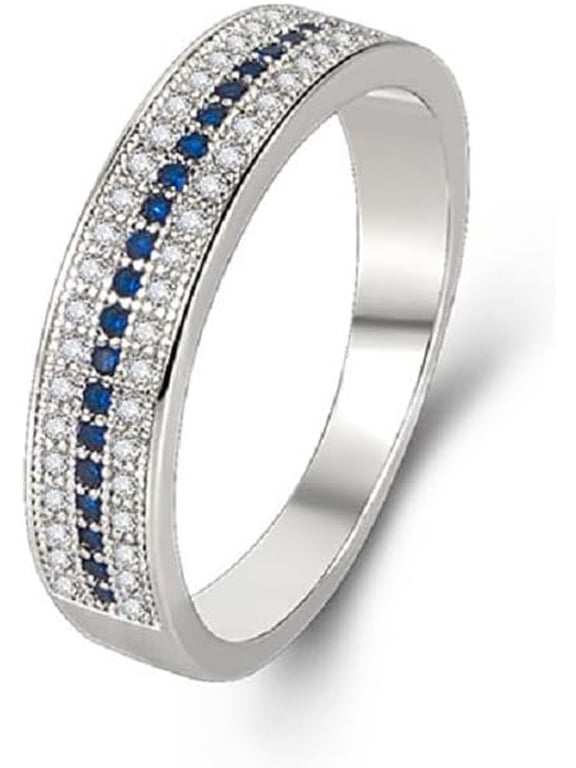 925 Sterling Silver Blue and White Created Sapphire Ring Cubic Zirconia Diamond Stackable Eternity Anniversary Wedding Ring Band for Women