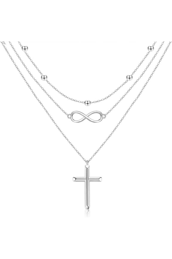 925 Sterling Silver Boho Cross Layered Necklace for Women Dainty Infinite Multilayer Stackable Necklace Vintage Bohemian Choker Cross Jewelry Jewelry Gifts for Women