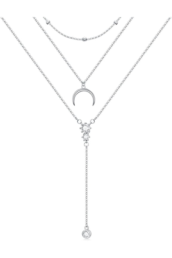 925 Sterling Silver Boho Moon Layered Necklace for Women Dainty Lariat Multilayer Stackable Necklace Vintage Bohemian Choker Moon Jewelry Jewelry Gifts for Women