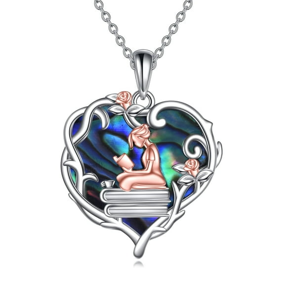 925 Sterling Silver Book Lover Necklace Reading Pendant Graduation Gift Jewelry for Women with Blue Heart Crystal