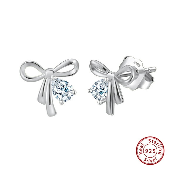 925 Sterling Silver Bow Knot Stud Earrings with 5A Cubic Zirconia, Dainty Ribbon Design Hypoallergenic Earrings for Women, Everyday Wear, Birthday Valentine’s Day Christmas Jewelry Gift