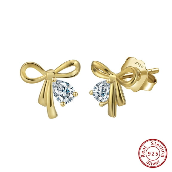 925 Sterling Silver Bow Knot Stud Earrings with 5A Cubic Zirconia, Dainty Ribbon Design Hypoallergenic Earrings for Women, Everyday Wear, Birthday Valentine’s Day Christmas Jewelry Gift